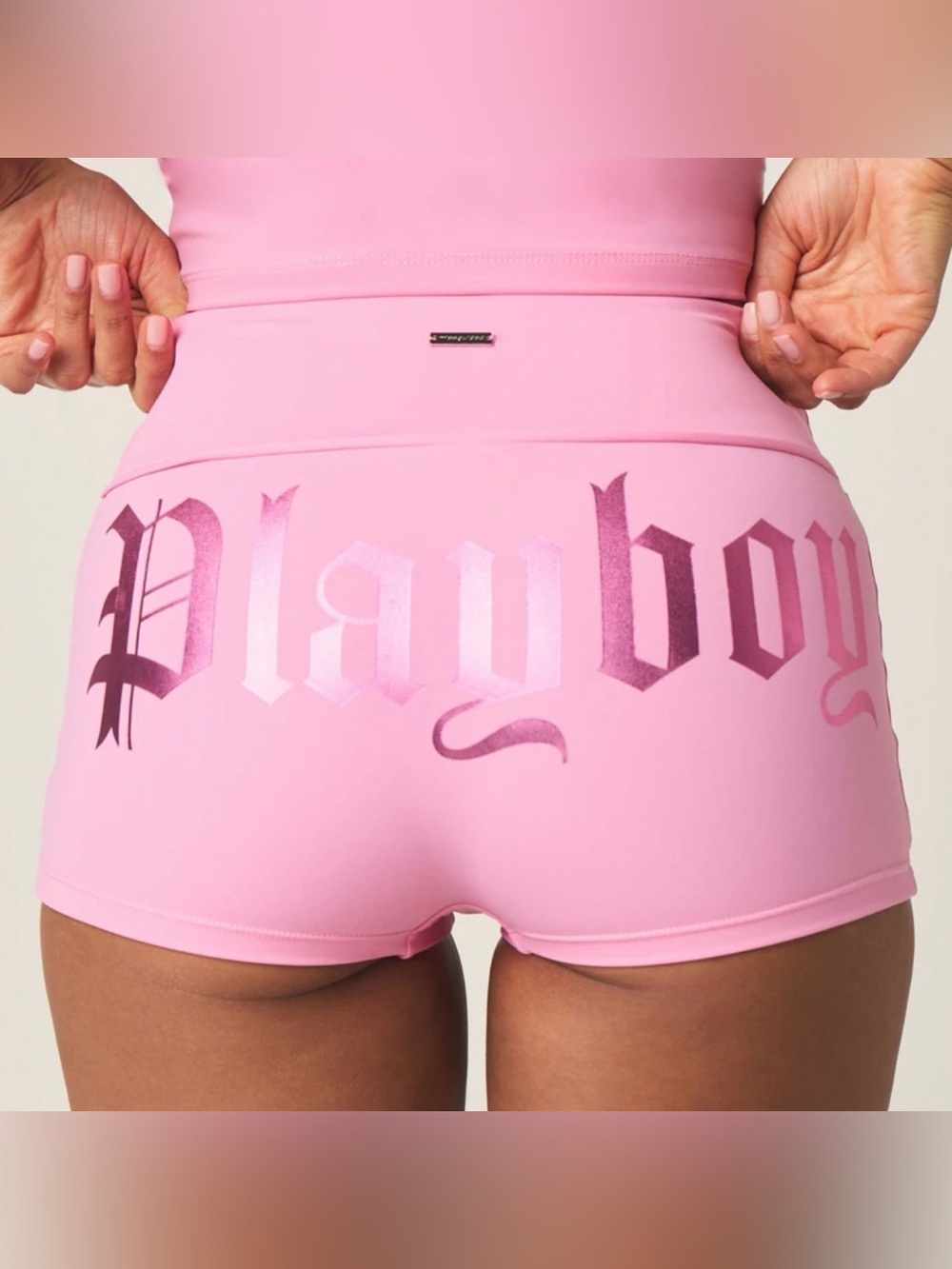PLAYBOY Pink High-Rise Athletic Shorts with Metallic Logo